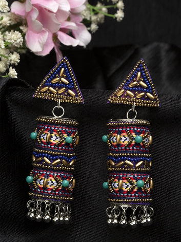 Blue & Gold Color Beads Studded Oxidised Silver Plated Handcrafted Tribal Jhumkas