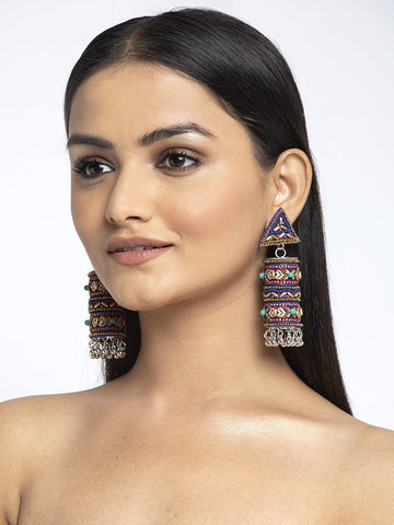 Blue & Gold Color Beads Studded Oxidised Silver Plated Handcrafted Tribal Jhumkas