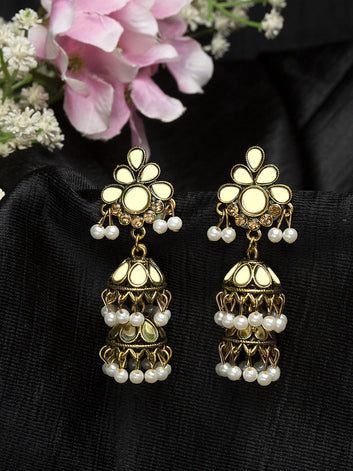 Mirror Studded Oxidised Gold Plated Handcrafted Layered Design Jhumkas