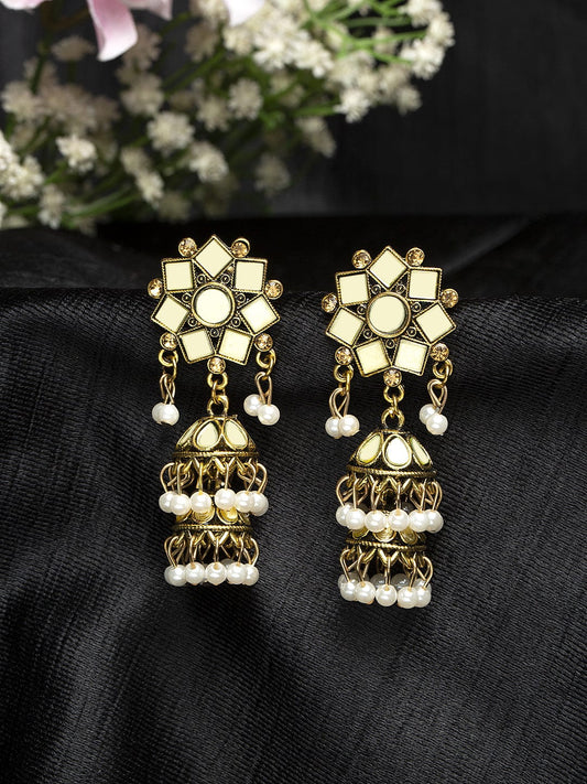 Mirror Studded Oxidised Gold Plated Handcrafted Layered Design Jhumkas