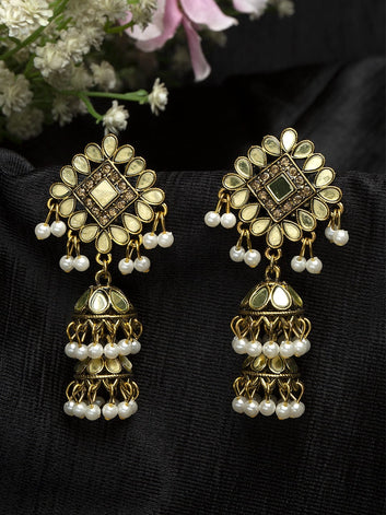 Gold-Plated Mirror Studded Floral Jhumkas Earrings