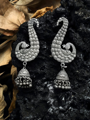 Silver-Toned Peacock Shaped Jhumkas