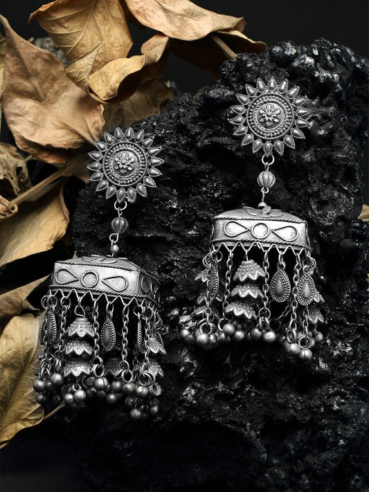 Tasselled Floral Design Oxidised Silver Plated Handcrafted Tribal Jhumkas