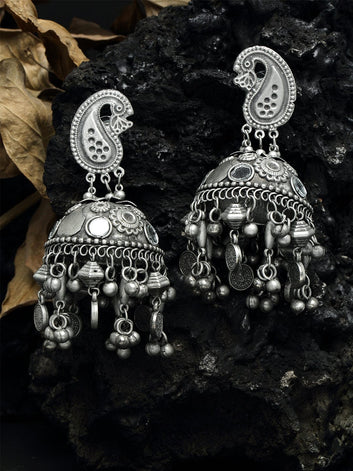 Silver Plated Mirror Studded Paisley Oxidised Handcrafted Tasselled Jhumkas