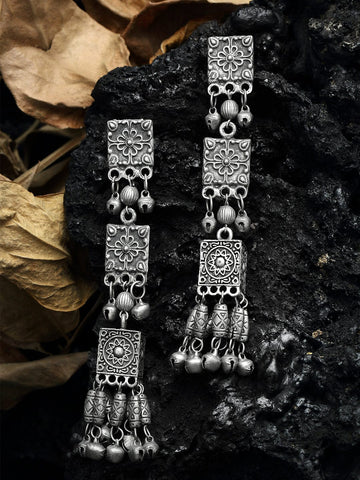 Ghungroo Studded Layered Tasselled Design Oxidised Silver Plated Handcrafted Jhumkas