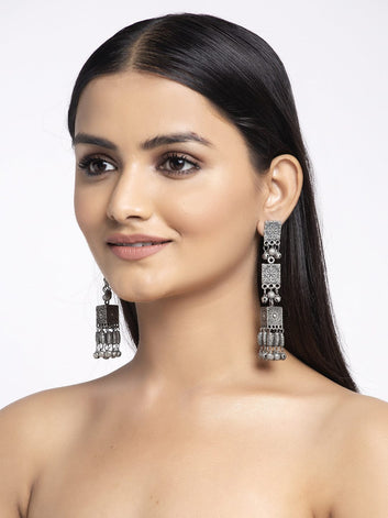 Ghungroo Studded Layered Tasselled Design Oxidised Silver Plated Handcrafted Jhumkas