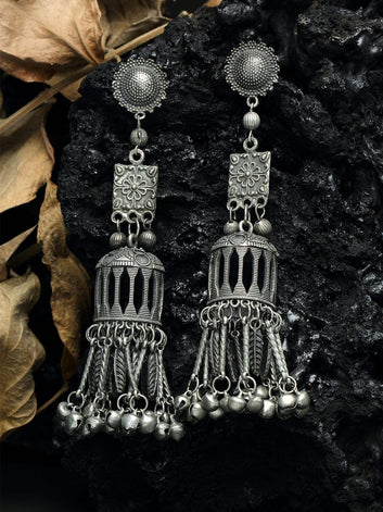 Ghungroo Studded Layered Tasselled Design Oxidised Silver Plated Handcrafted Jhumkas