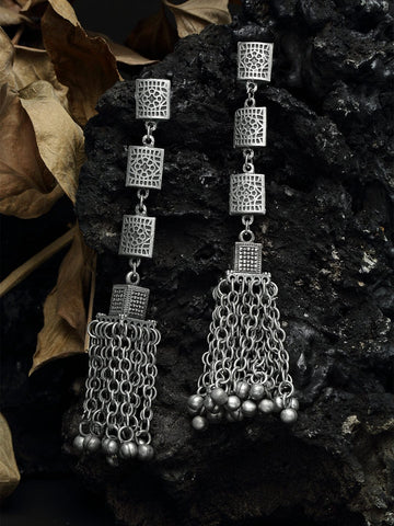 Ghungroo Studded Layered Tasselled Design Oxidised Silver Plated Handcrafted Jhumkas