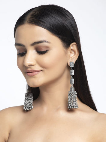 Ghungroo Studded Layered Tasselled Design Oxidised Silver Plated Handcrafted Jhumkas