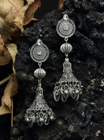 Ghungroo Studded Oxidised Silver Plated Handcrafted Jhumkas