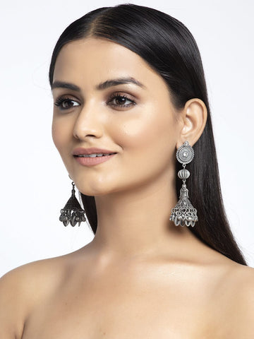 Ghungroo Studded Oxidised Silver Plated Handcrafted Jhumkas