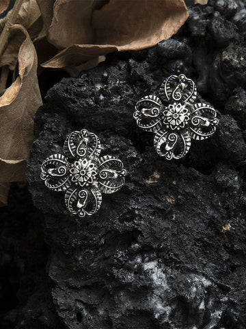 Floral Design Oxidised Silver Plated Handcrafted Filigree Work Studs
