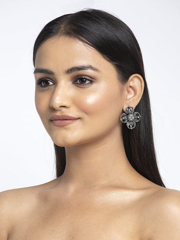 Floral Design Oxidised Silver Plated Handcrafted Filigree Work Studs