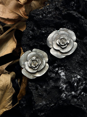 Floral Design Oxidised Silver Plated Handcrafted Temple Tribal Studs