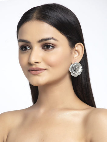Floral Design Oxidised Silver Plated Handcrafted Temple Tribal Studs
