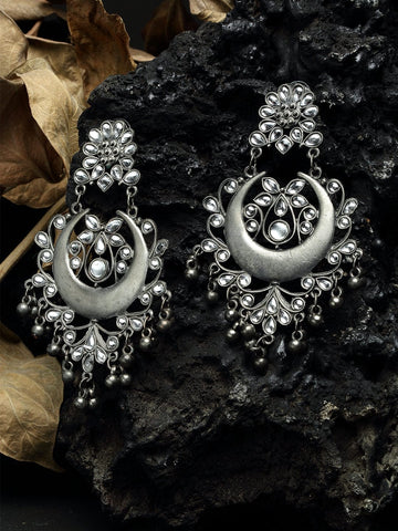 Ghungroo and Stones Studded Tribal Design Oxidised Silver Plated Handcrafted Chandbalis