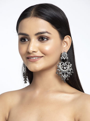 Ghungroo and Stones Studded Tribal Design Oxidised Silver Plated Handcrafted Chandbalis