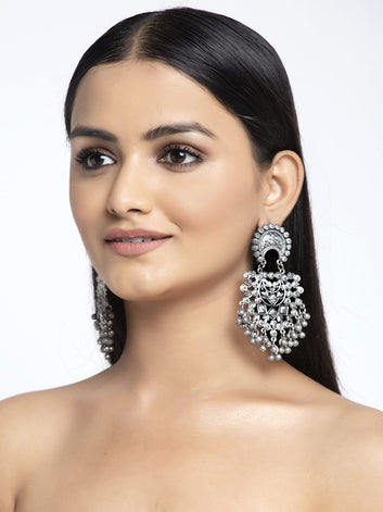 Ghungroo Studded Filigree Work Oxidised Silver Plated Handcrafted Tribal Chandbalis