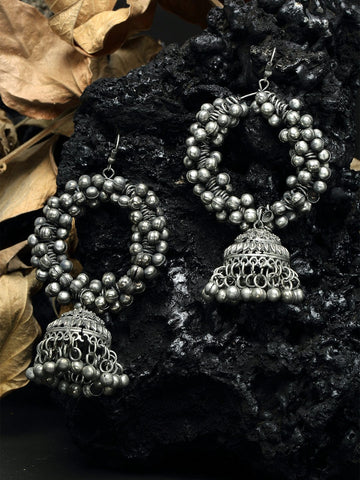 Ghungroo Studded Tribal Design Oxidised Silver Plated Handcrafted Chandelier Jhumkas