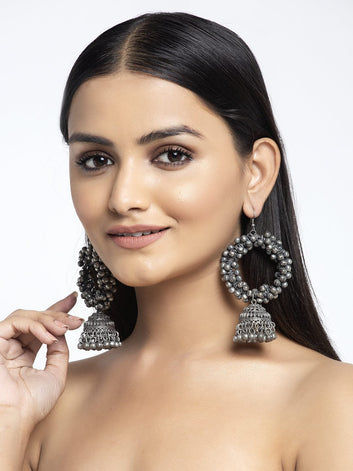 Ghungroo Studded Tribal Design Oxidised Silver Plated Handcrafted Chandelier Jhumkas