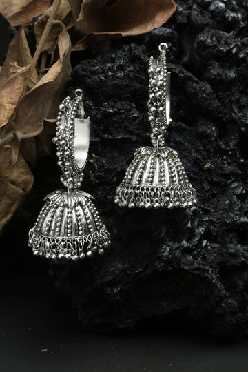 Beads Studded Tribal Design Oxidised Silver Plated Handcrafted Chandelier Jhumkas