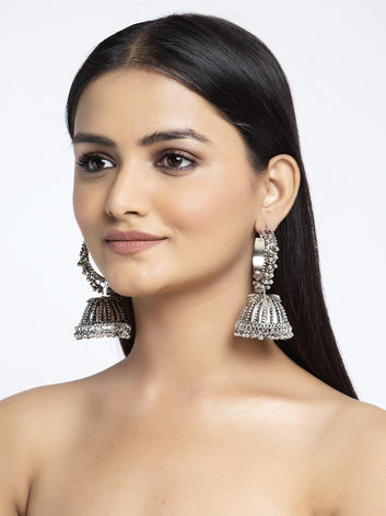 Beads Studded Tribal Design Oxidised Silver Plated Handcrafted Chandelier Jhumkas