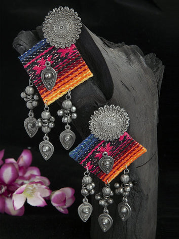 Ghungroo Studded Tribal Design Oxidised Silver Plated Handcrafted Chandbalis