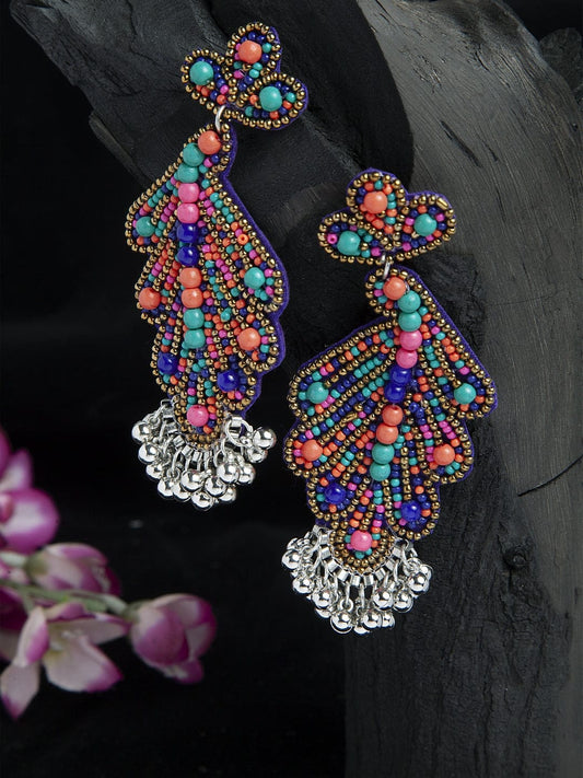 Turquoise Multi Color Studded Oxidised Silver Plated Handcrafted Afghan Design Jhumkas