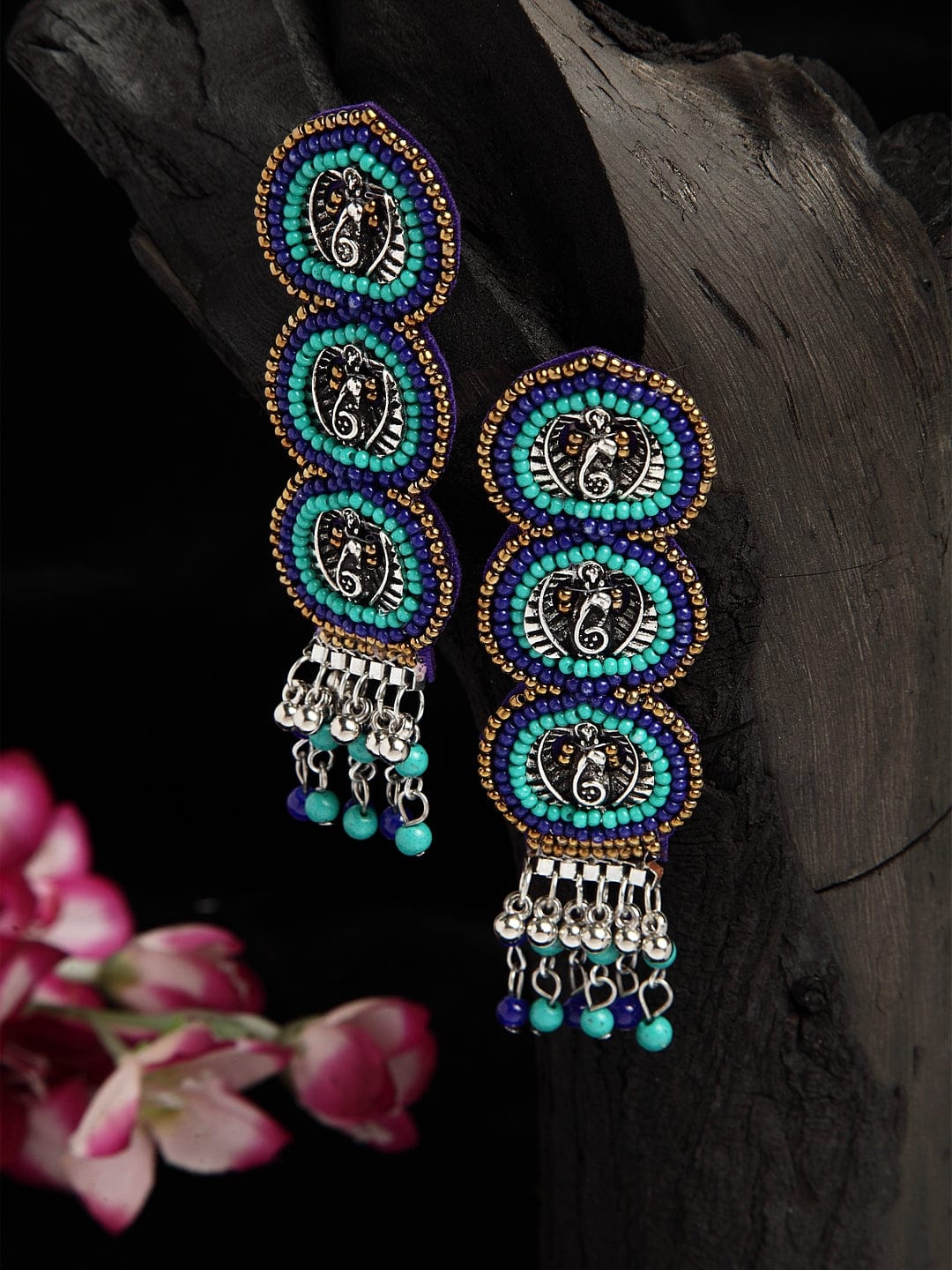 Turquoise Blue Beads Studded Oxidised Silver Plated Handcrafted Contemporary Earrings