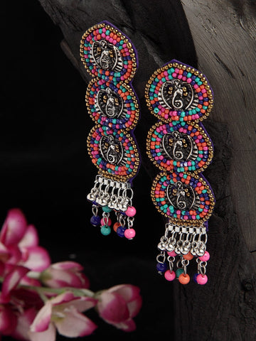 Multi Color Beads Studded Oxidised Silver Plated Handcrafted Contemporary Earrings