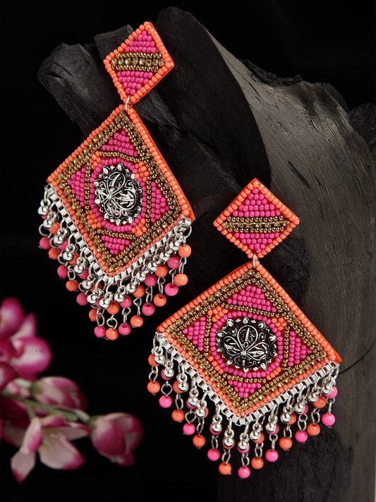 Pink & Orange Beads Studded Oxidised Silver Plated Handcrafted Contemporary Chandbalis