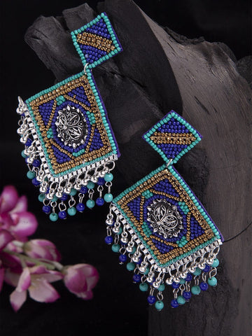 Turquoise Blue Beads Studded Oxidised Silver Plated Handcrafted Contemporary Chandbalis