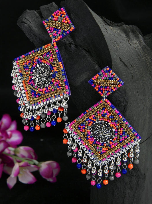 Multi Color Beads Studded Oxidised Silver Plated Handcrafted Contemporary Chandbalis