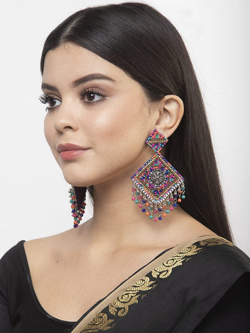 Multi Color Beads Studded Oxidised Silver Plated Handcrafted Contemporary Chandbalis