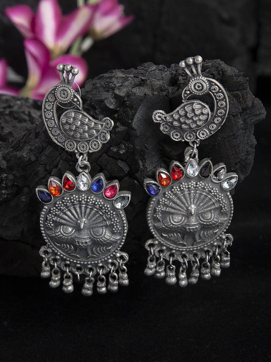 Stone Studded Peacock Design Oxidised Silver Plated Handcrafted Tribal Chandbalis