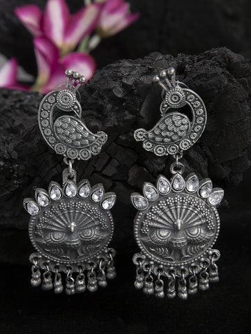 White Stone Studded Peacock Design Oxidised Silver Plated Handcrafted Tribal Chandbalis