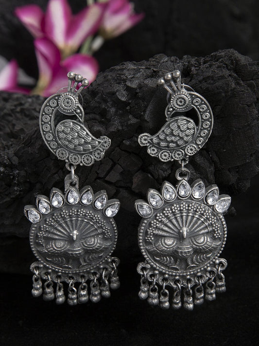 White Stone Studded Peacock Design Oxidised Silver Plated Handcrafted Tribal Chandbalis