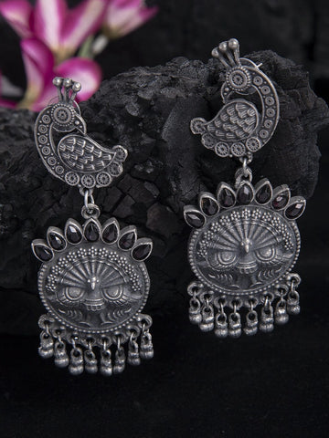 Black Stone Studded Peacock Design Oxidised Silver Plated Handcrafted Tribal Chandbalis