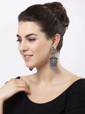 Black Stone Studded Peacock Design Oxidised Silver Plated Handcrafted Tribal Chandbalis