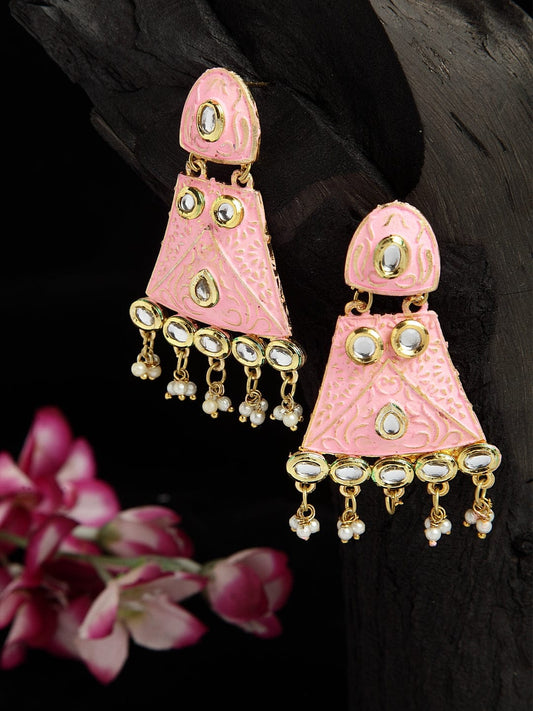Kundan Studded Handpainted Pink Meenakari Design Gold Plated Handcrafted Brass Jhumkas