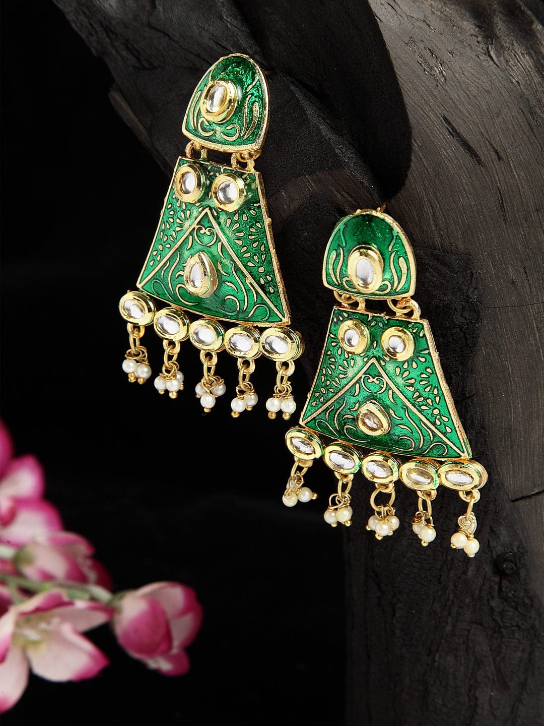 Kundan Studded Handpainted Green Meenakari Design Gold Plated Handcrafted Brass Jhumkas