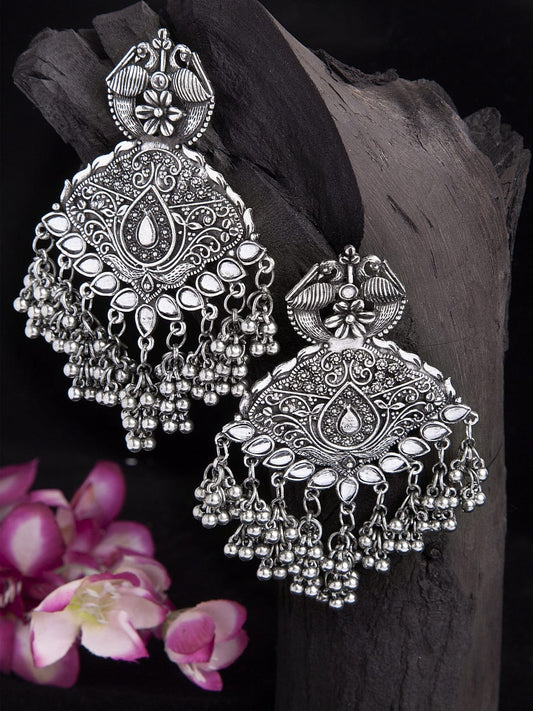 Stone Studded Temple Design Oxidised Silver Plated Handcrafted Tasselled Chandbalis