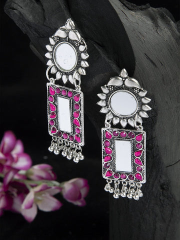 Mirror & Pink Stones Studded Floral Design Oxidised Silver Plated Handcrafted Earrings