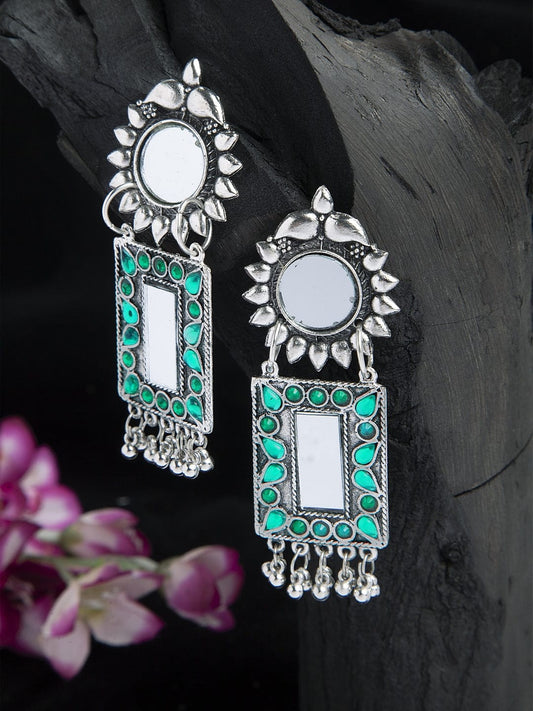 Mirror & Green Stone Studded Floral Design Oxidised Silver Plated Handcrafted Earrings