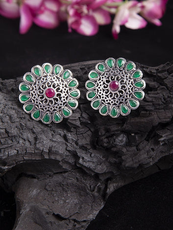 Floral Oxidised Silver Plated Studs