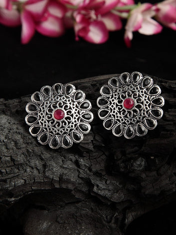 Black and Pink Stone Studded Filigree Work Oxidised Silver Plated Handcrafted Studs