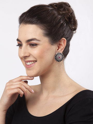 Black and Pink Stone Studded Filigree Work Oxidised Silver Plated Handcrafted Studs