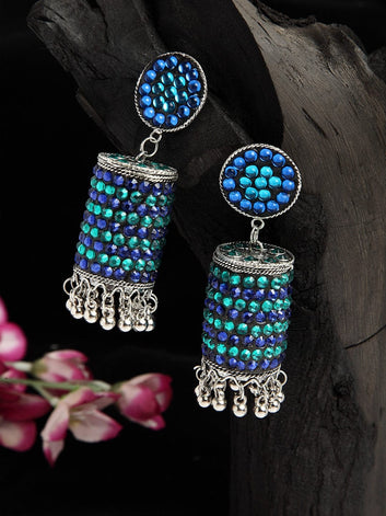 Blue & Green Stones Afghan Tribal Design Handcrafted Oxidised Silver Plated Jhumkas