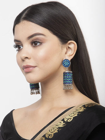 Blue & Green Stones Afghan Tribal Design Handcrafted Oxidised Silver Plated Jhumkas
