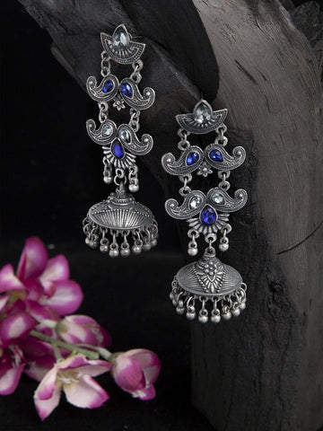 Blue Stones Studded Temple Design Oxidised Silver Plated Handcrafted Tribal Jhumkas